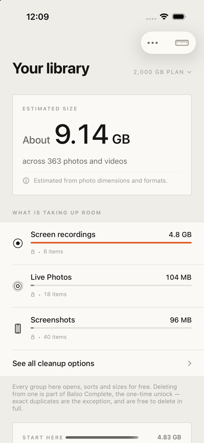 Balso showing a 9.14 GB photo library estimate and its largest storage categories